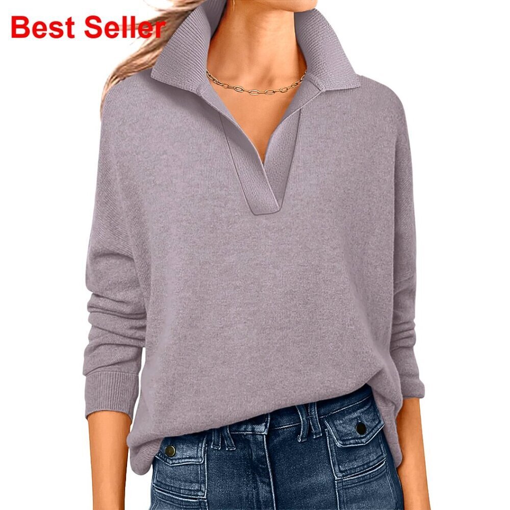 Long Sleeve V-Neck Polo Sweater Pullover Top Lightweight Business Casual